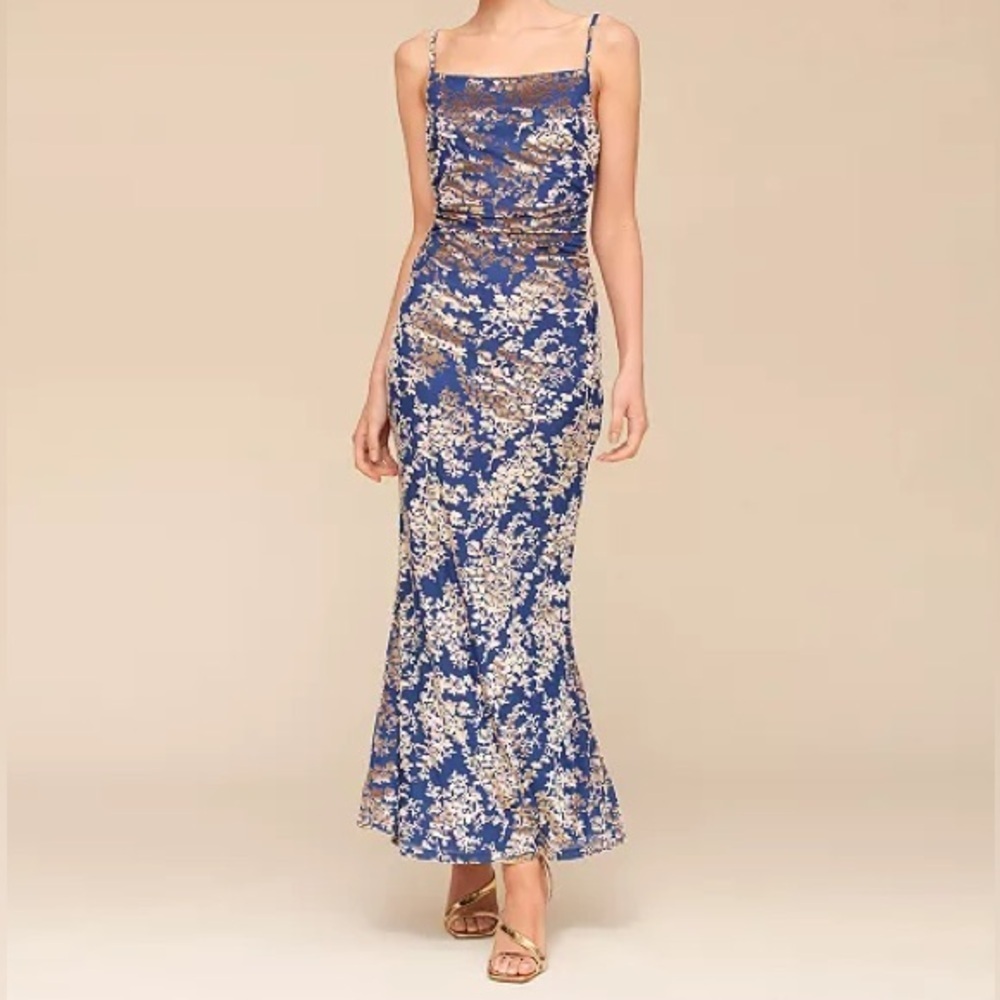 Avec Les Filles Burn Out Blue and Gold Ruched Floral Maxi Dress size L - Picture 12 of 12